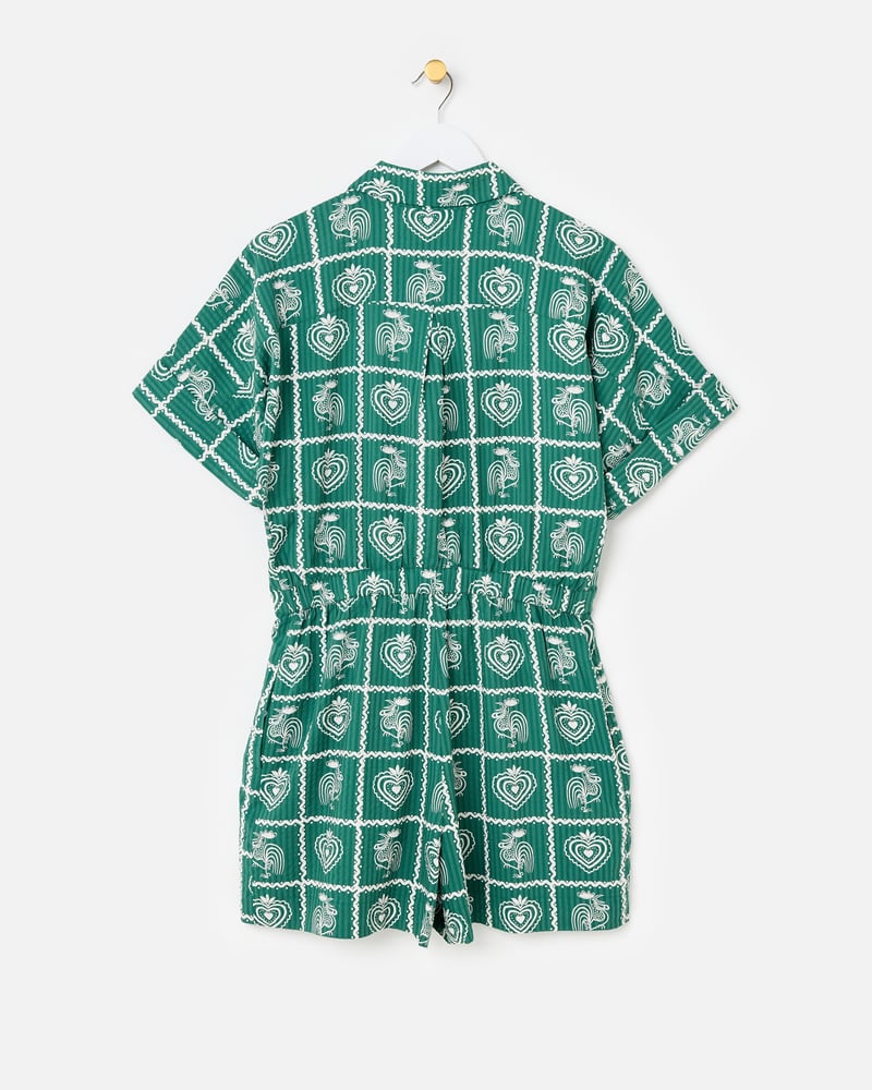 Green Tile Print Short Sleeve Playsuit