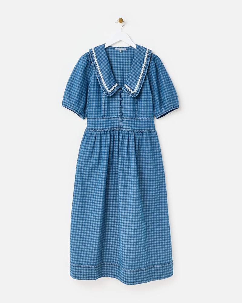 Blue Denim Gingham Collar Midi Dress