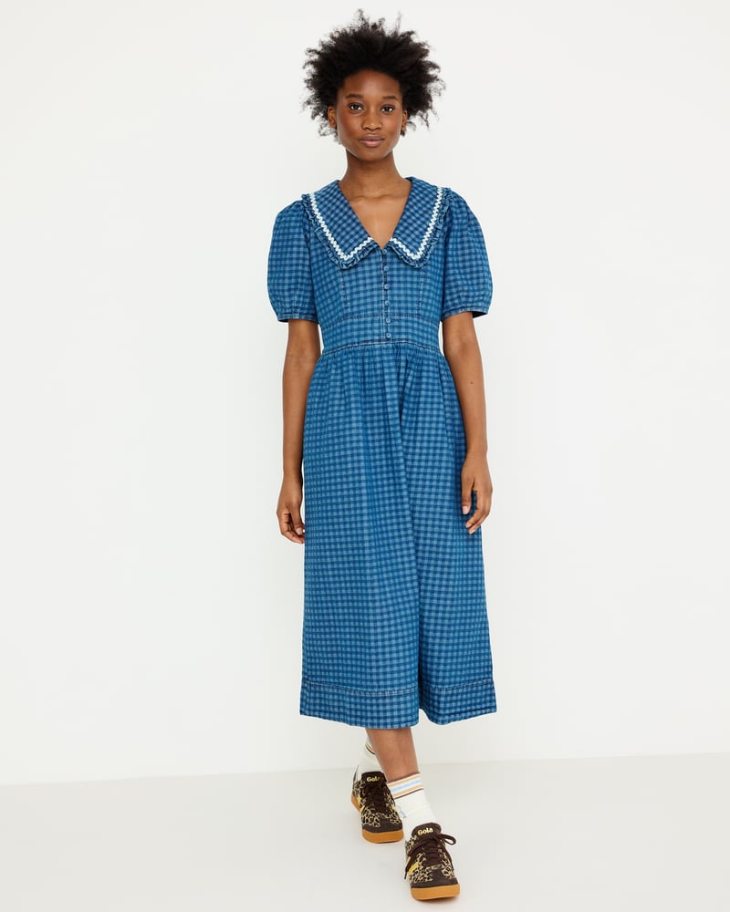 Blue Denim Gingham Collar Midi Dress