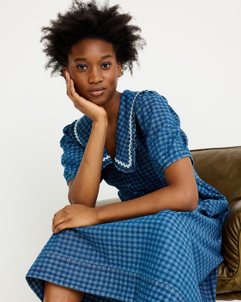Blue Denim Gingham Collar Midi Dress