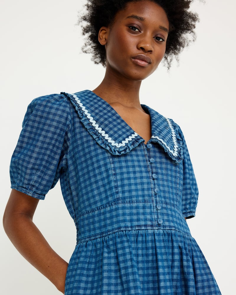 Blue Denim Gingham Collar Midi Dress