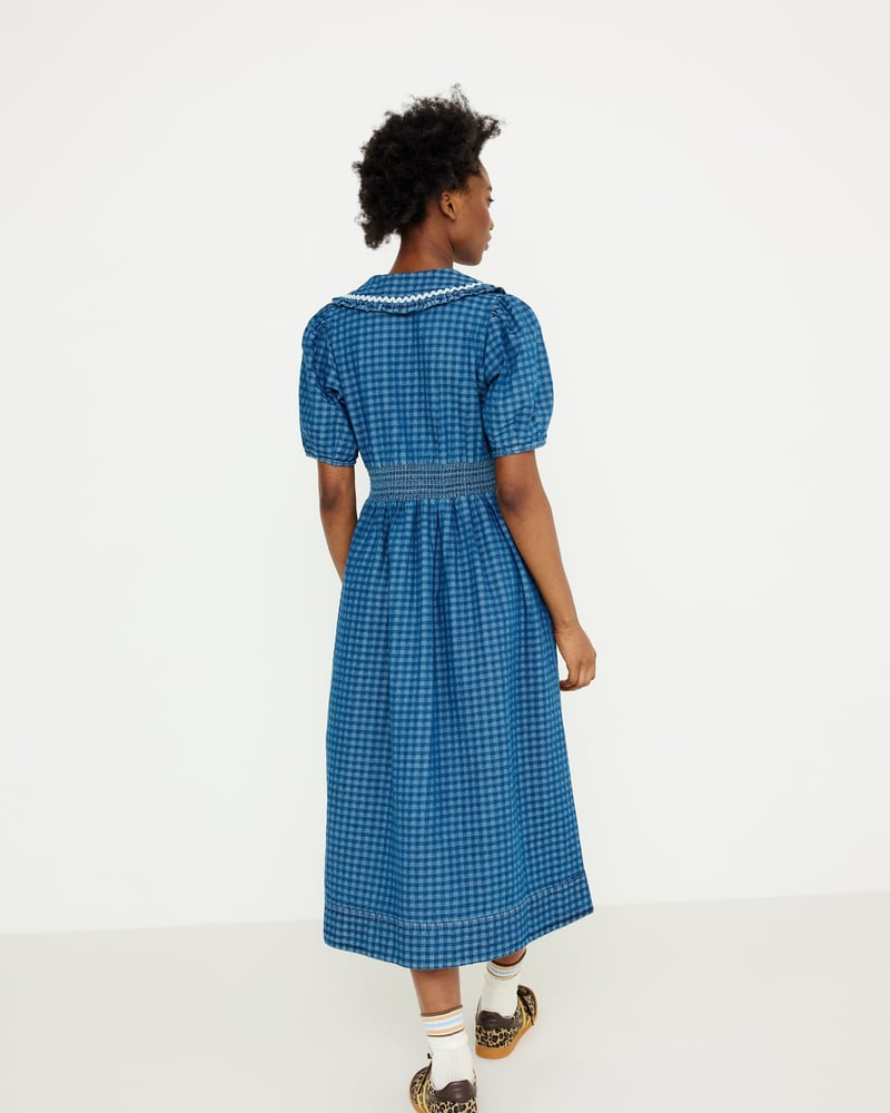 Blue Denim Gingham Collar Midi Dress