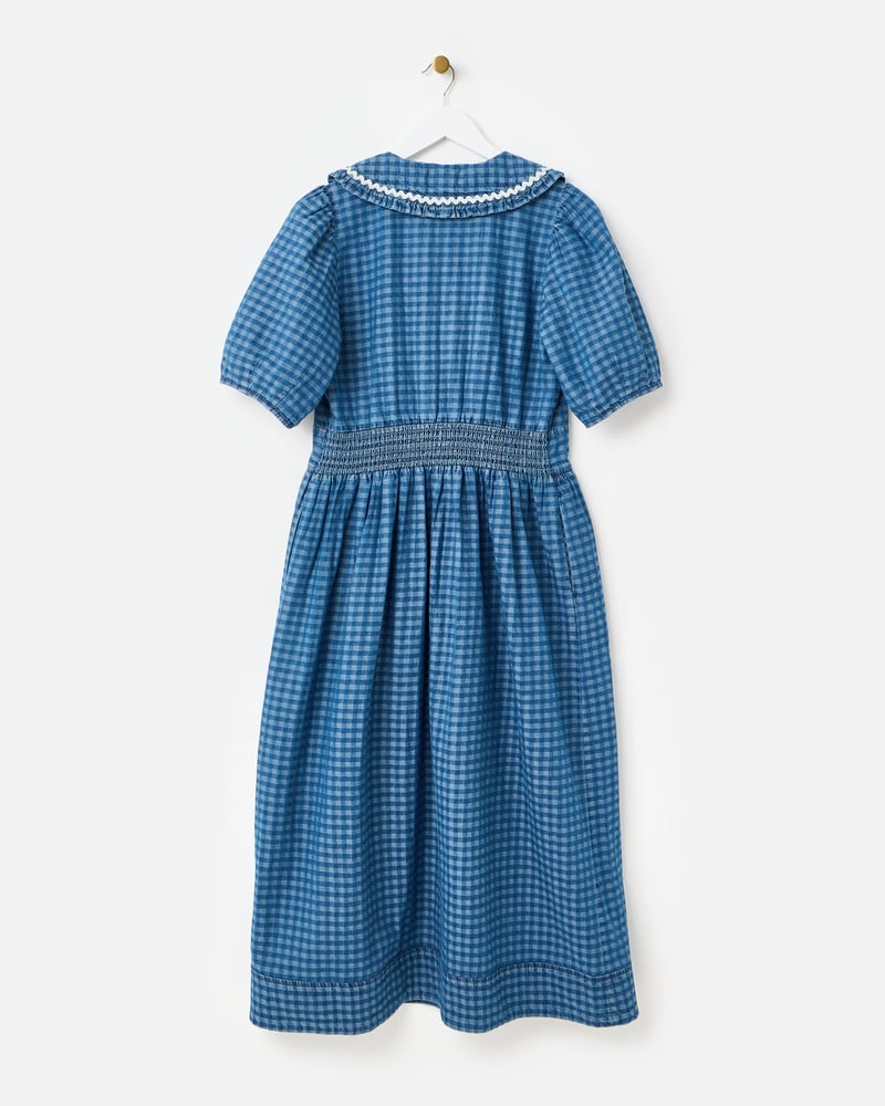 Blue Denim Gingham Collar Midi Dress