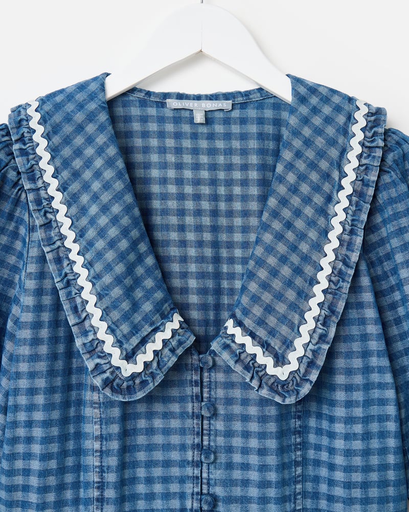 Blue Denim Gingham Collar Midi Dress
