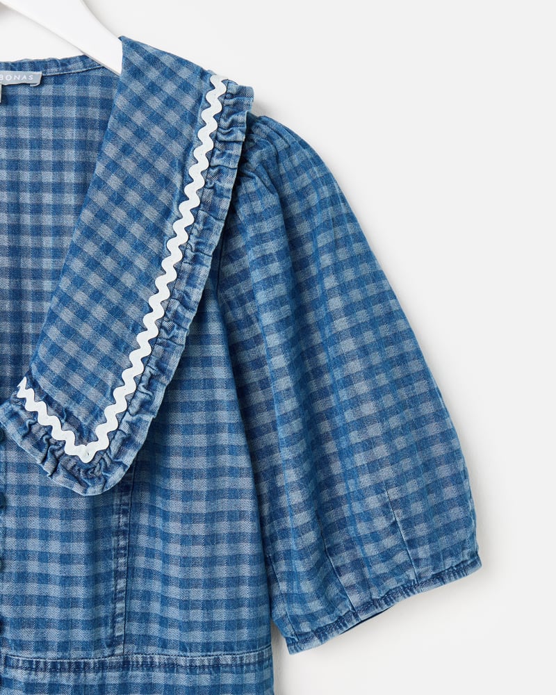 Blue Denim Gingham Collar Midi Dress