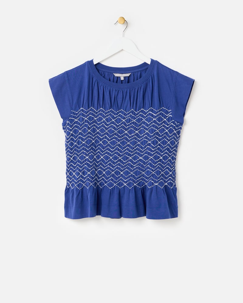 Blue Shirred Sleeveless Top