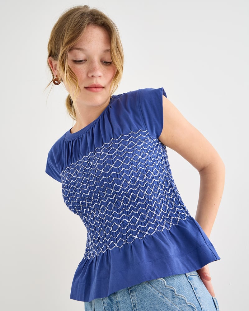 Blue Shirred Sleeveless Top