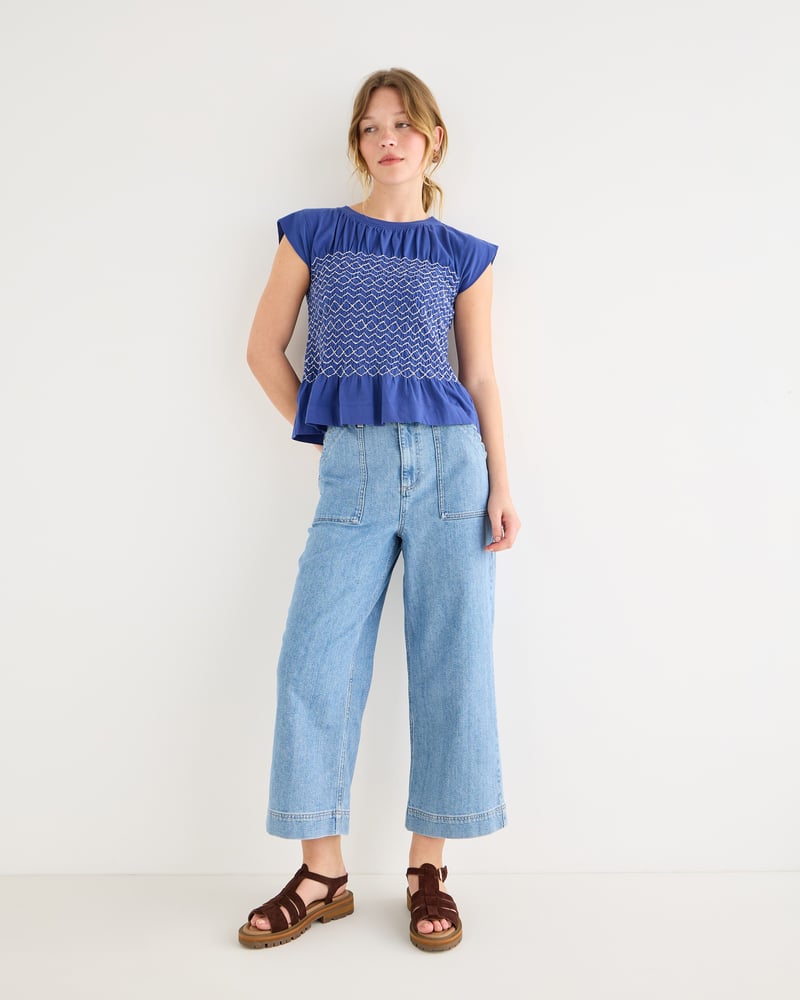 Blue Shirred Sleeveless Top