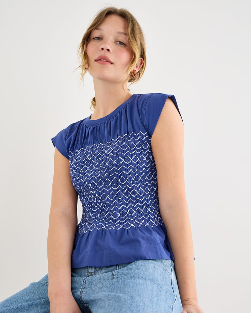 Blue Shirred Sleeveless Top