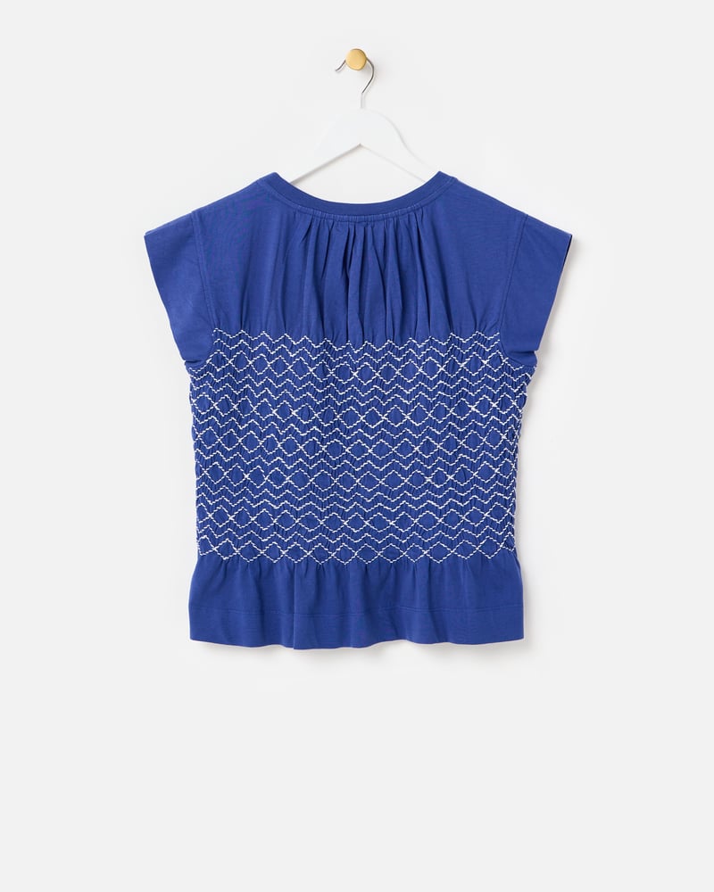 Blue Shirred Sleeveless Top