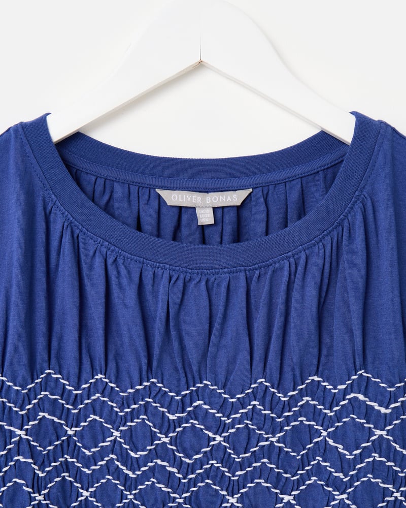 Blue Shirred Sleeveless Top