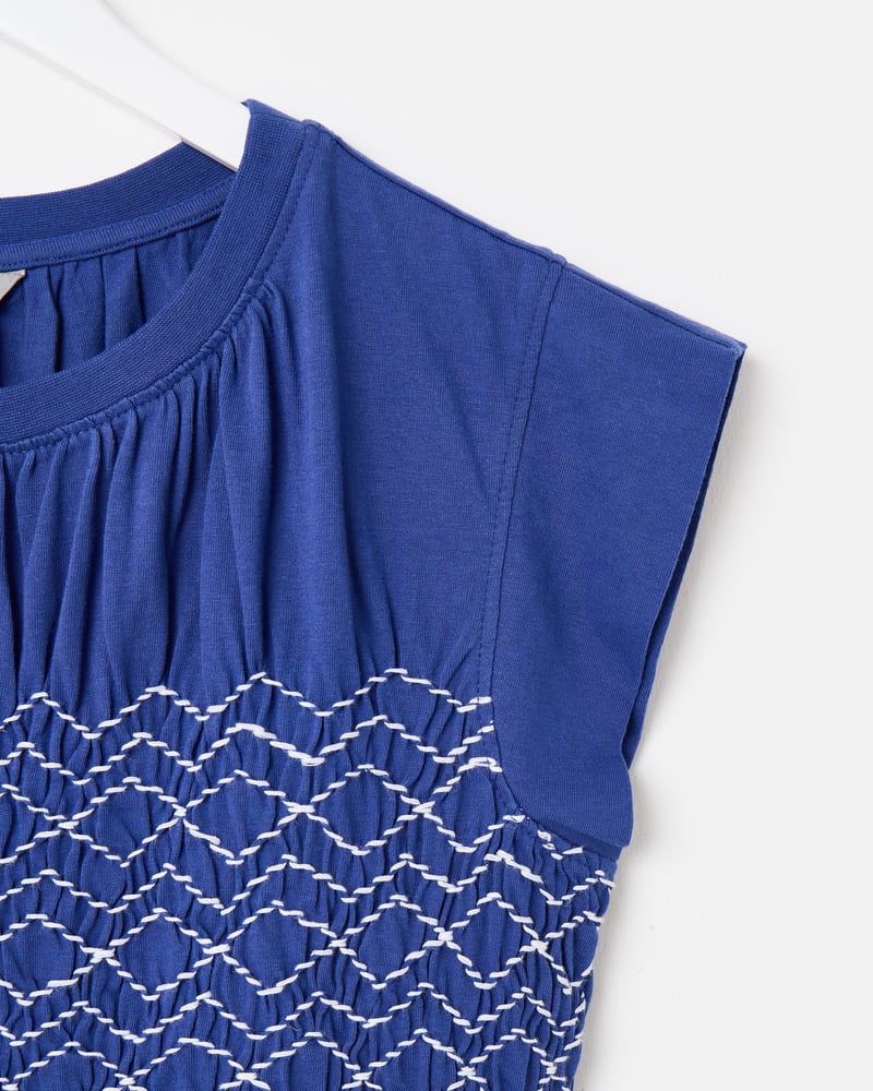 Blue Shirred Sleeveless Top