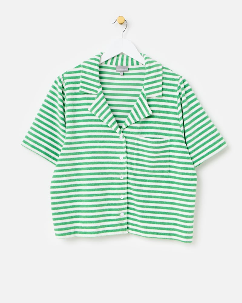 Green & White Striped Towelling Cotton Short Sleeve Shirt