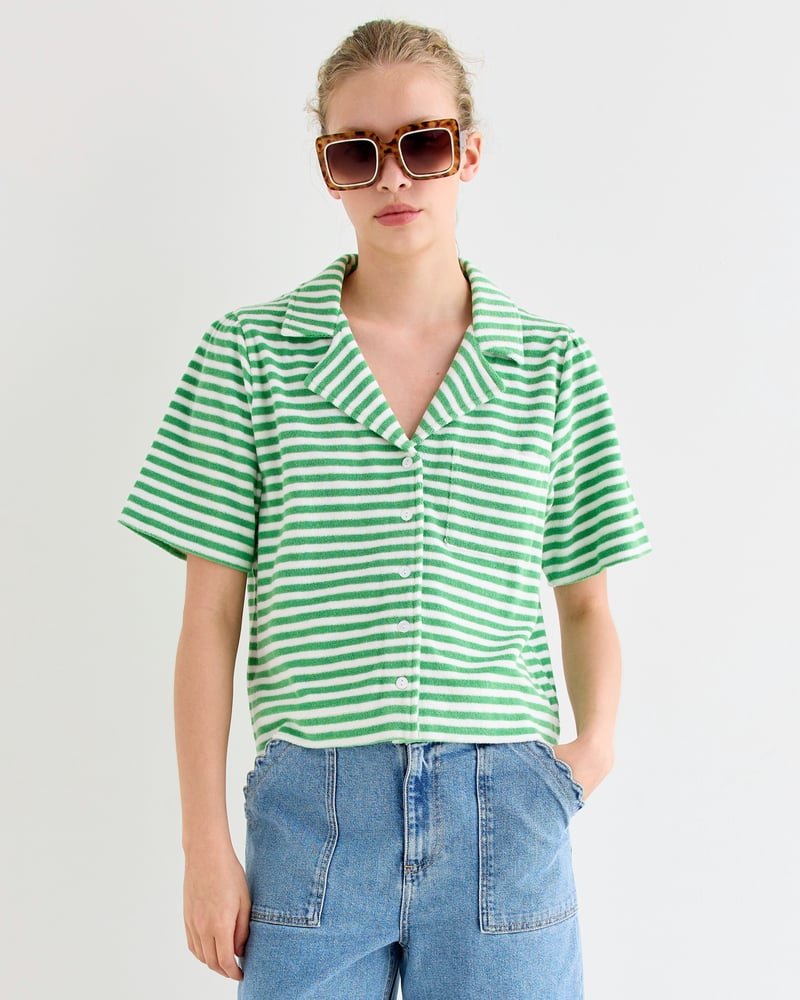 Green & White Striped Towelling Cotton Short Sleeve Shirt