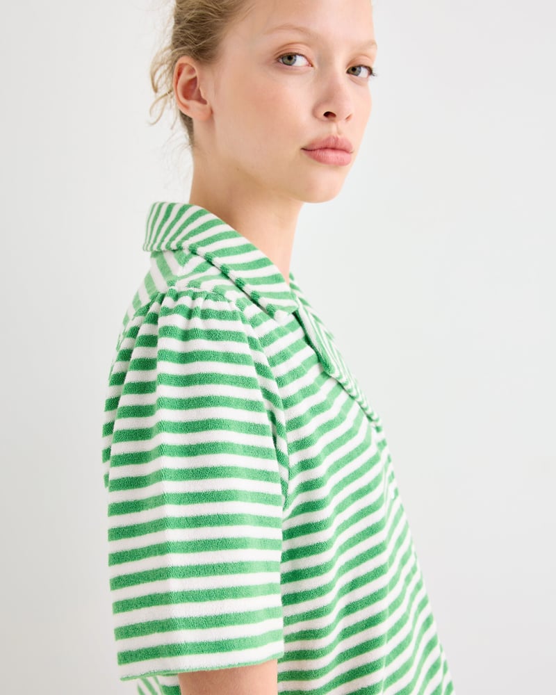 Green & White Striped Towelling Cotton Short Sleeve Shirt