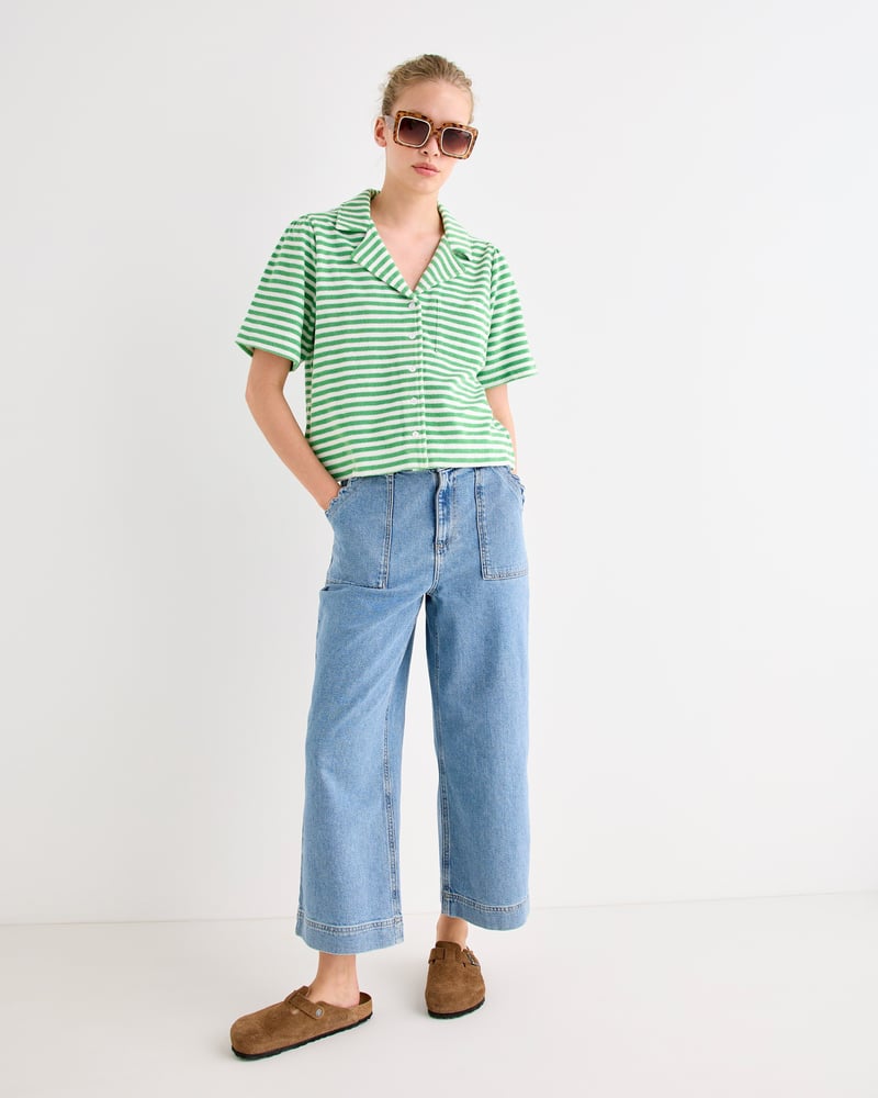 Green & White Striped Towelling Cotton Short Sleeve Shirt