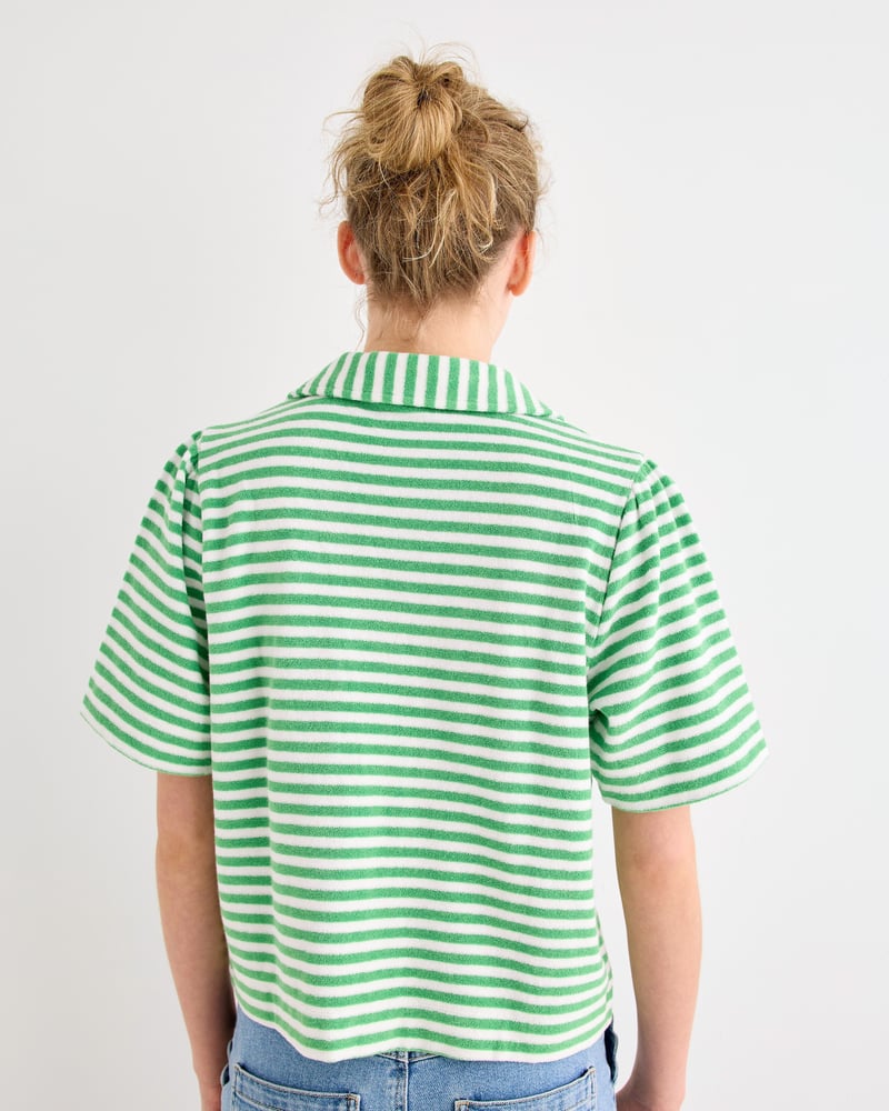 Green & White Striped Towelling Cotton Short Sleeve Shirt