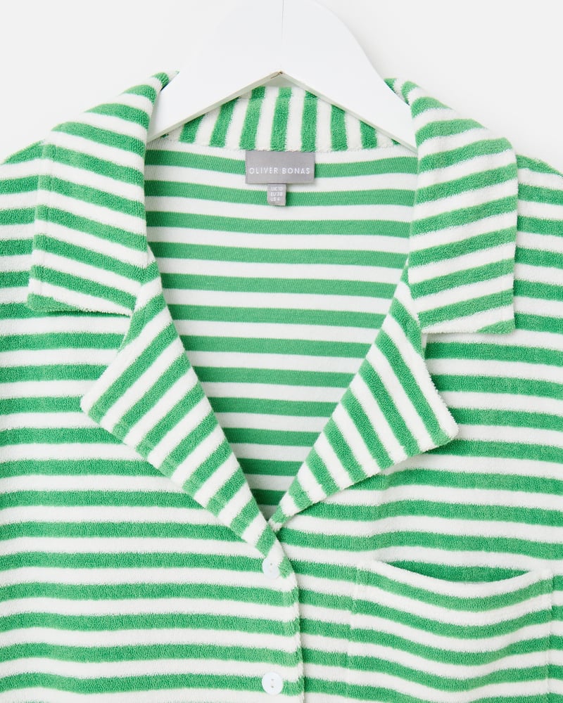 Green & White Striped Towelling Cotton Short Sleeve Shirt