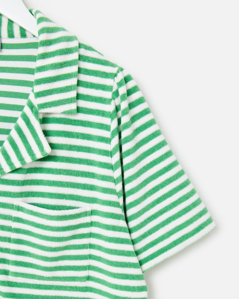 Green & White Striped Towelling Cotton Short Sleeve Shirt