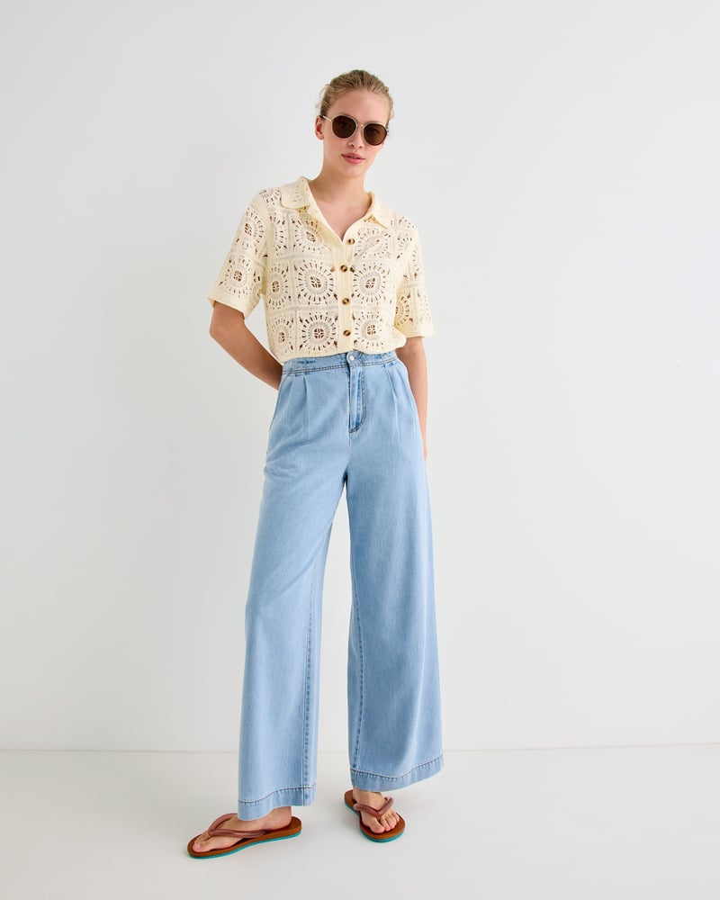 Light Blue Chambray Wide Leg Trousers