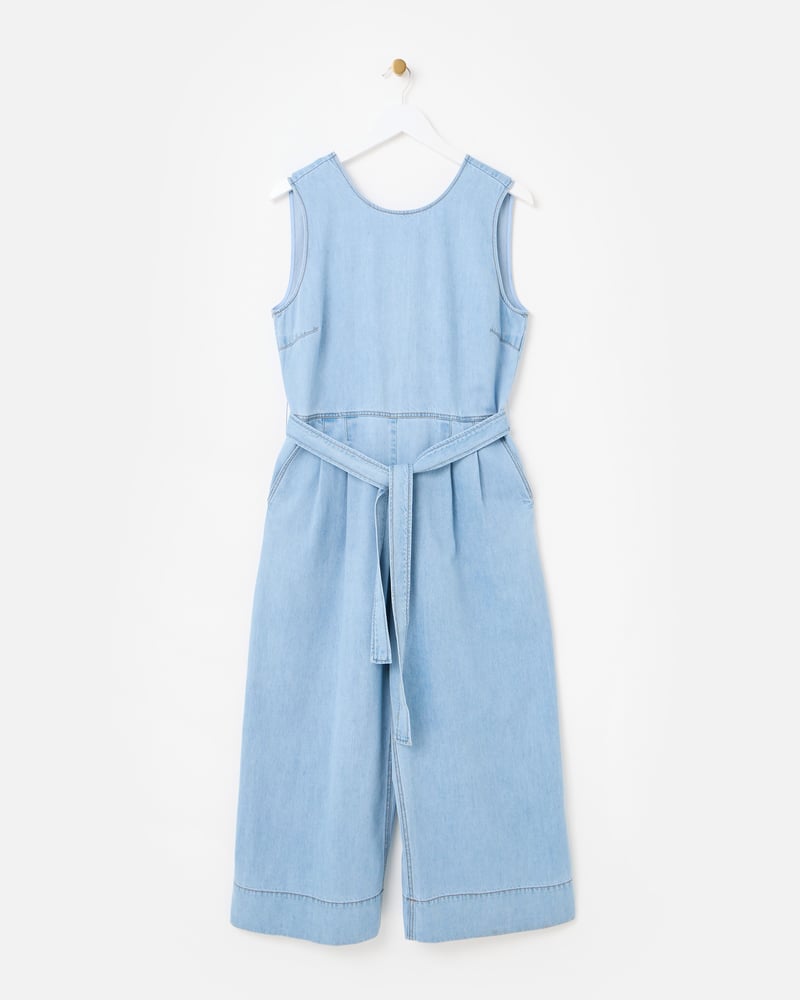 Light Blue Chambray Sleeveless Tie Waist Jumpsuit