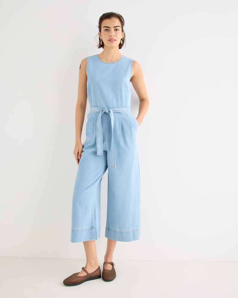 Light Blue Chambray Sleeveless Tie Waist Jumpsuit