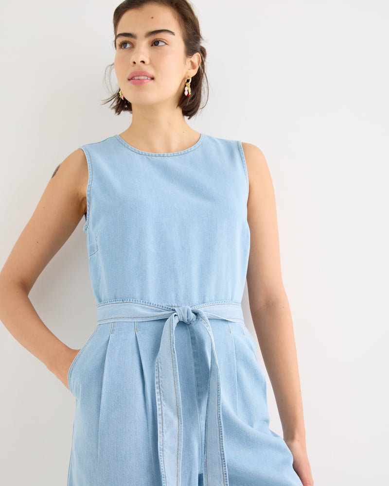 Light Blue Chambray Sleeveless Tie Waist Jumpsuit