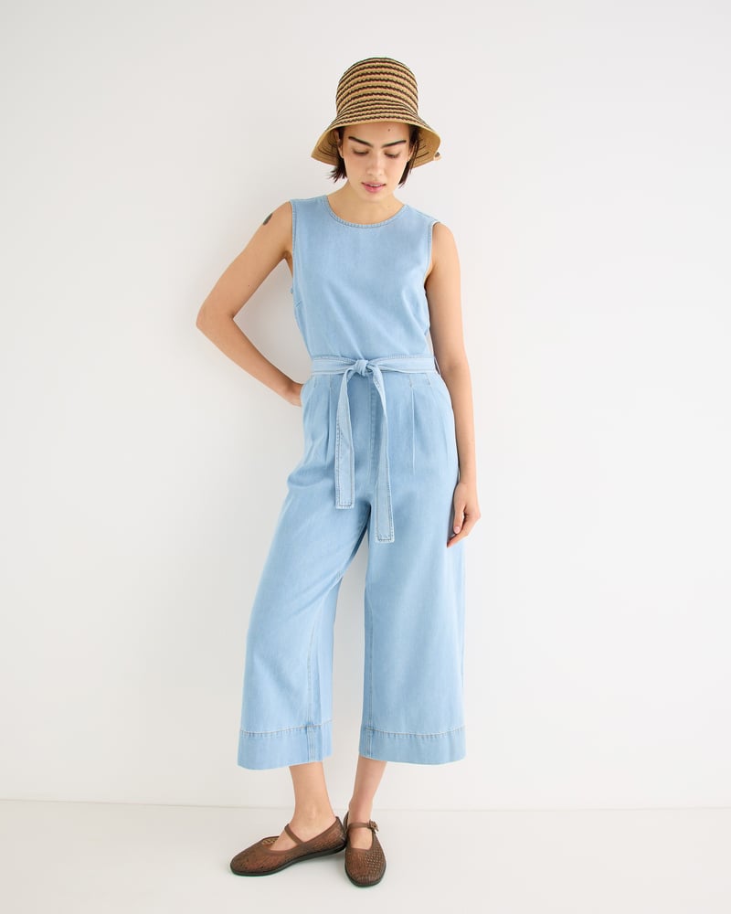 Light Blue Chambray Sleeveless Tie Waist Jumpsuit