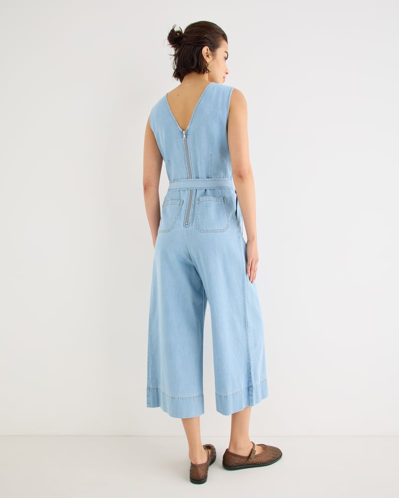 Light Blue Chambray Sleeveless Tie Waist Jumpsuit