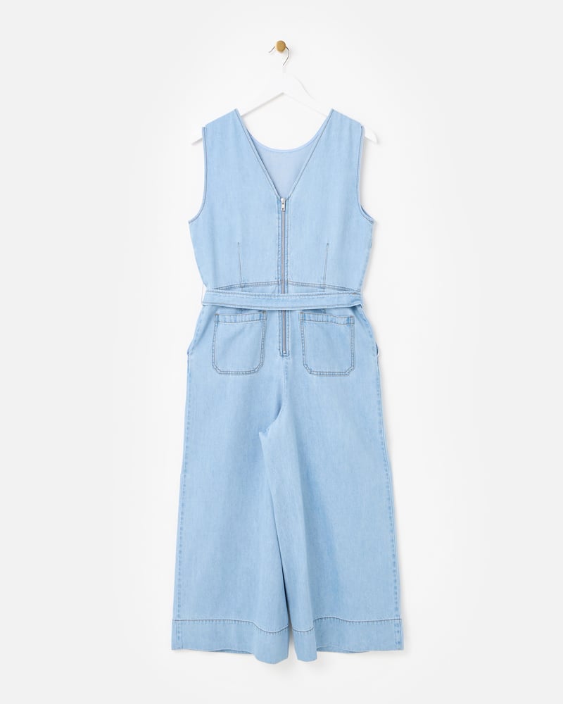 Light Blue Chambray Sleeveless Tie Waist Jumpsuit