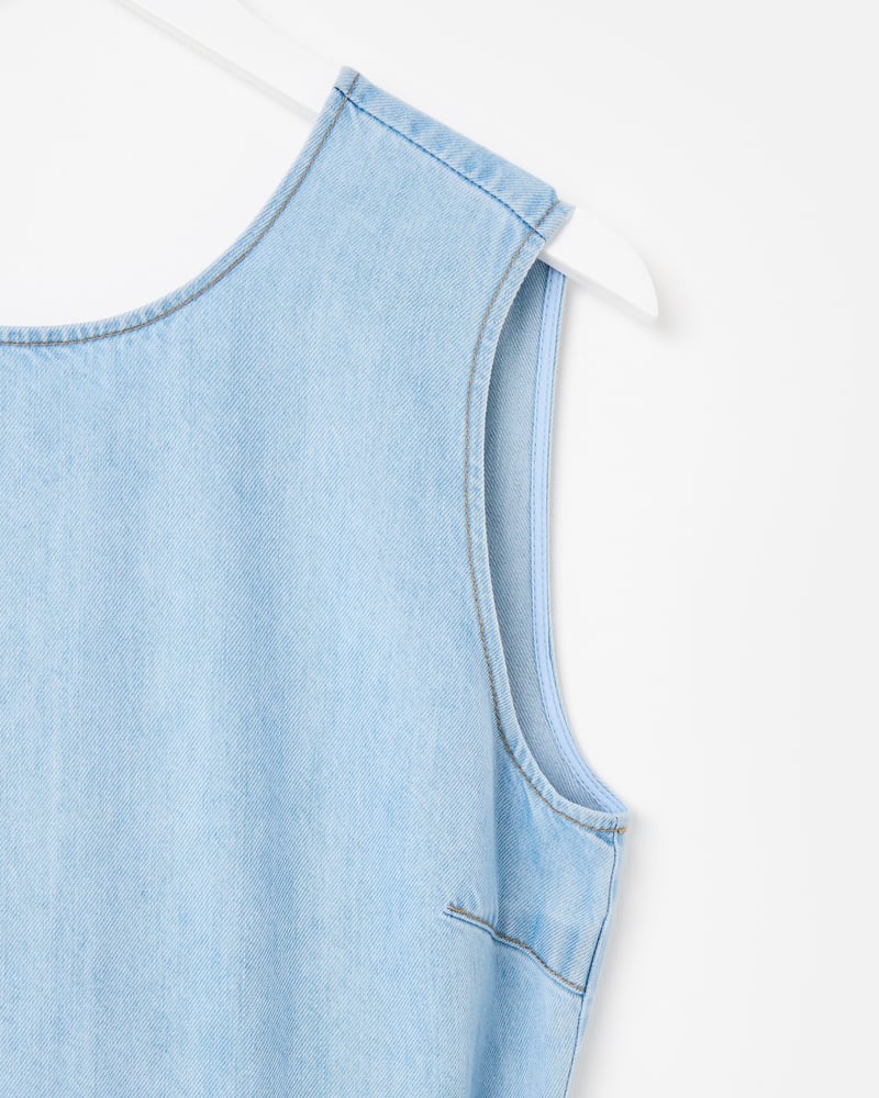 Light Blue Chambray Sleeveless Tie Waist Jumpsuit