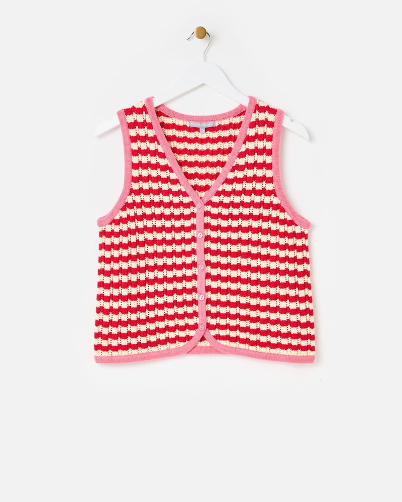 Red & Cream Striped V-Neck Knitted Waistcoat