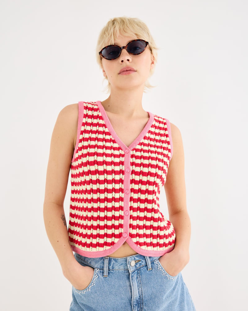 Red & Cream Striped V-Neck Knitted Waistcoat
