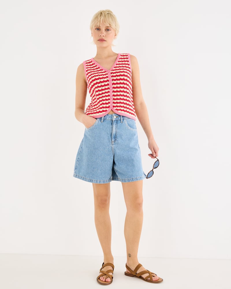 Red & Cream Striped V-Neck Knitted Waistcoat