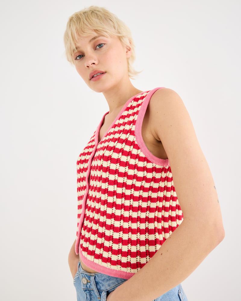 Red & Cream Striped V-Neck Knitted Waistcoat