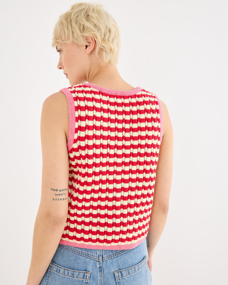 Red & Cream Striped V-Neck Knitted Waistcoat