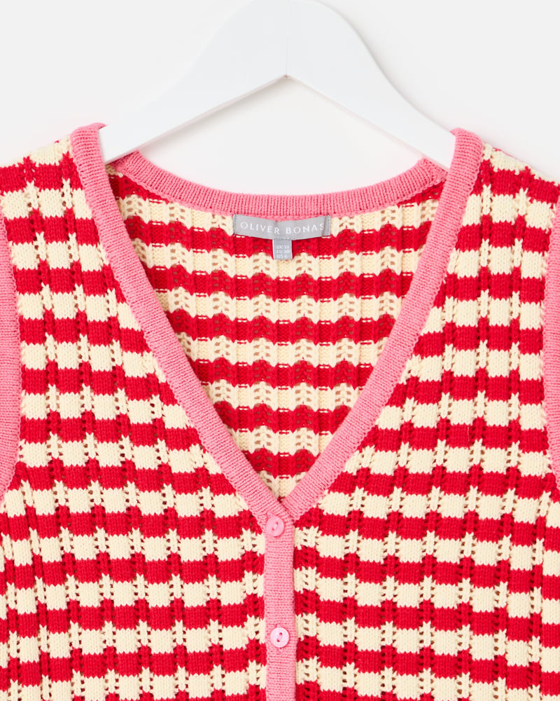 Red & Cream Striped V-Neck Knitted Waistcoat