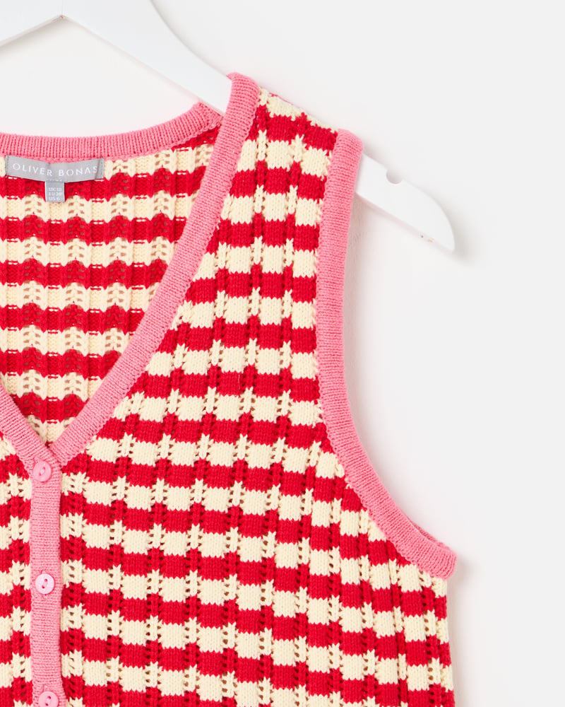 Red & Cream Striped V-Neck Knitted Waistcoat