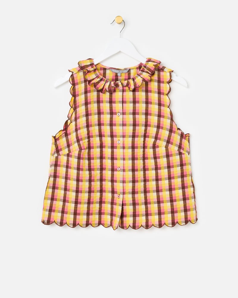 Yellow & Brown Checked Button Up Scalloped Blouse