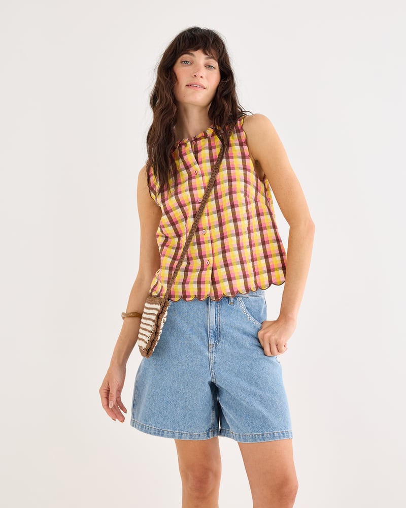 Yellow & Brown Checked Button Up Scalloped Blouse