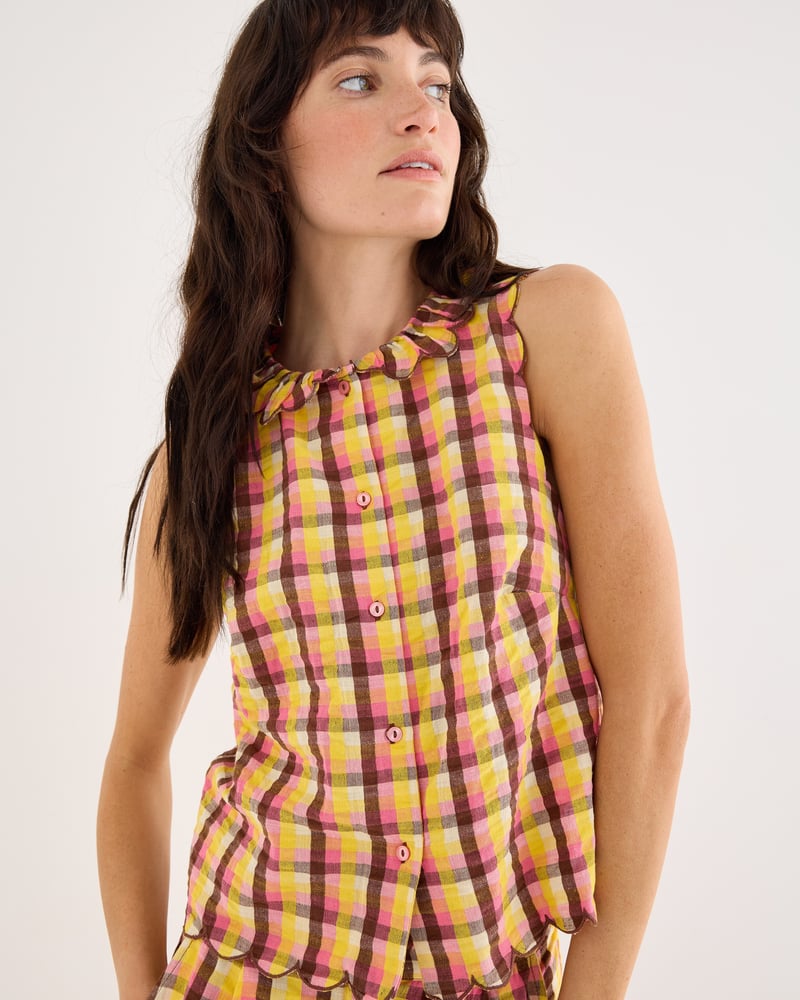 Yellow & Brown Checked Button Up Scalloped Blouse