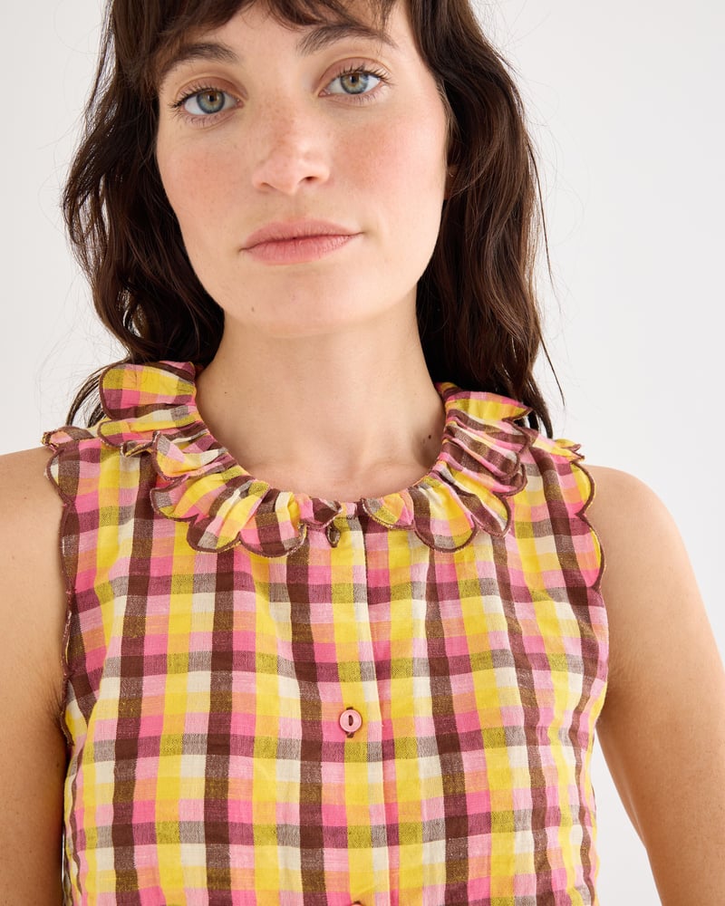 Yellow & Brown Checked Button Up Scalloped Blouse