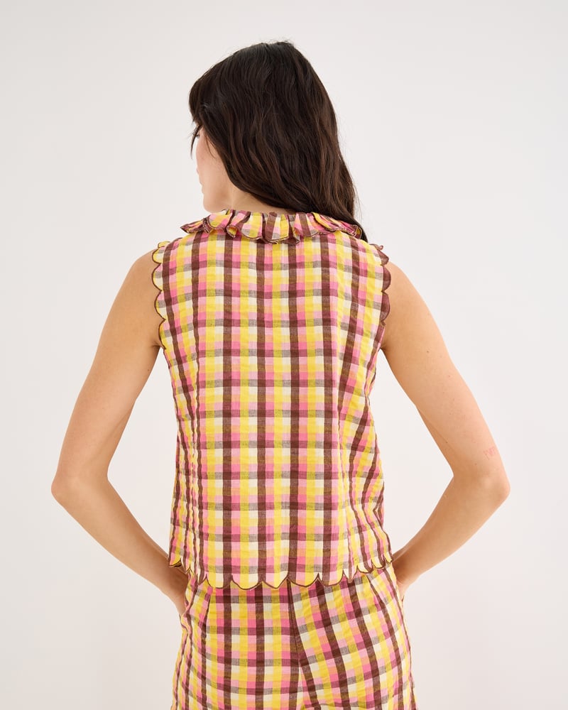 Yellow & Brown Checked Button Up Scalloped Blouse