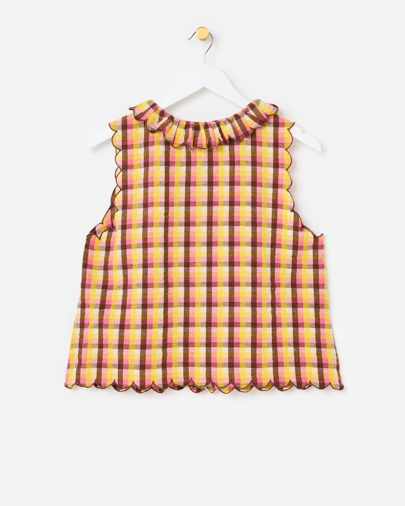 Yellow & Brown Checked Button Up Scalloped Blouse
