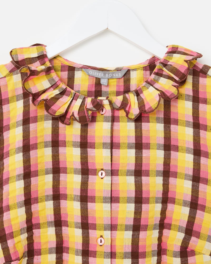Yellow & Brown Checked Button Up Scalloped Blouse