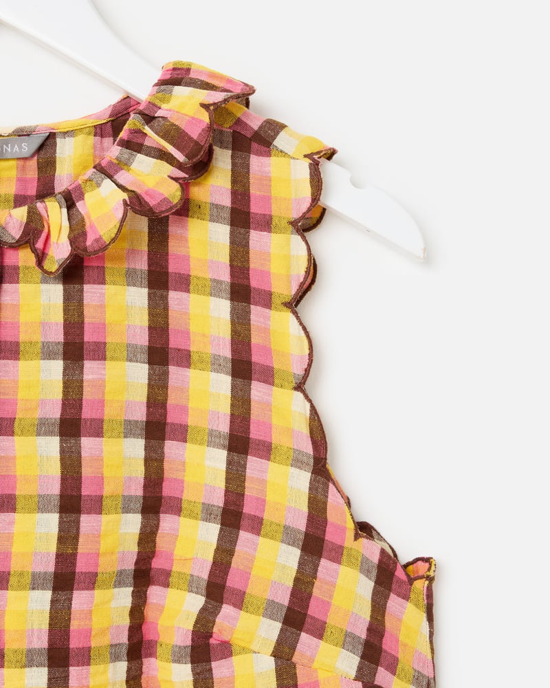 Yellow & Brown Checked Button Up Scalloped Blouse