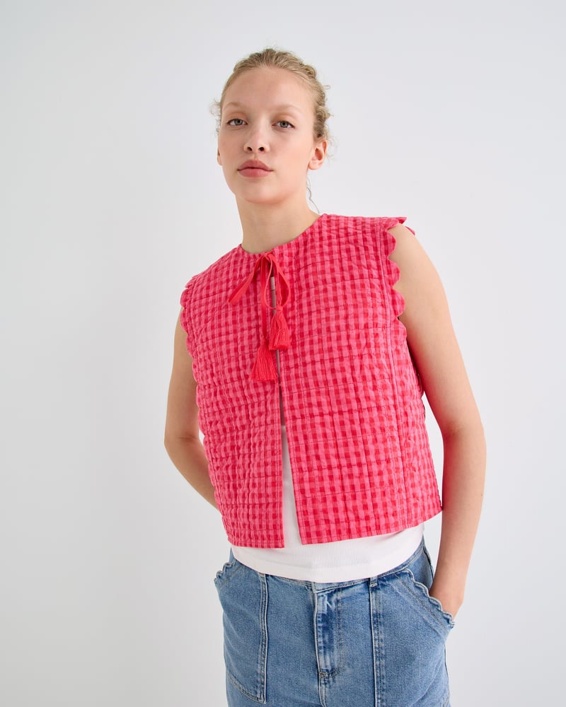 Pink Gingham Tie Front Quilted Gilet