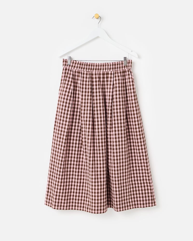 Pink & Brown Gingham Elasticated Waist Cotton Midi Skirt