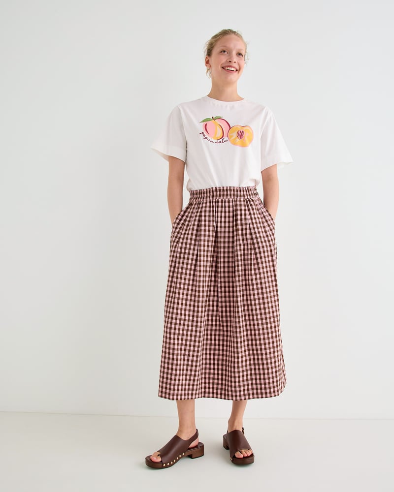 Pink & Brown Gingham Elasticated Waist Cotton Midi Skirt