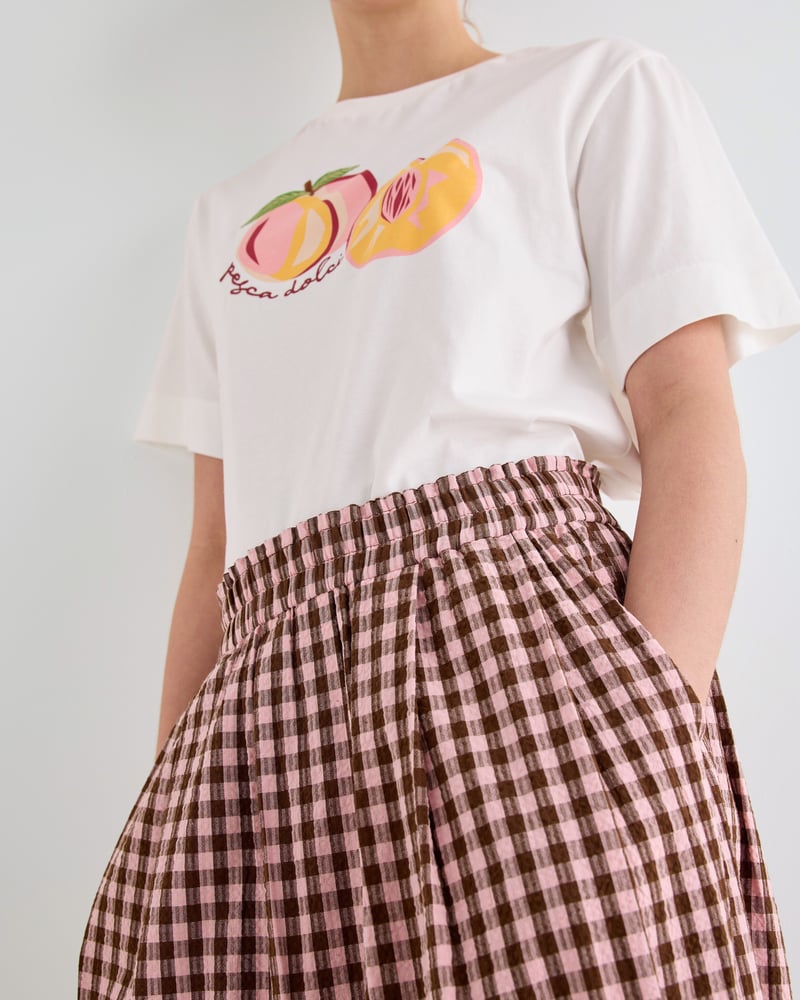 Pink & Brown Gingham Elasticated Waist Cotton Midi Skirt